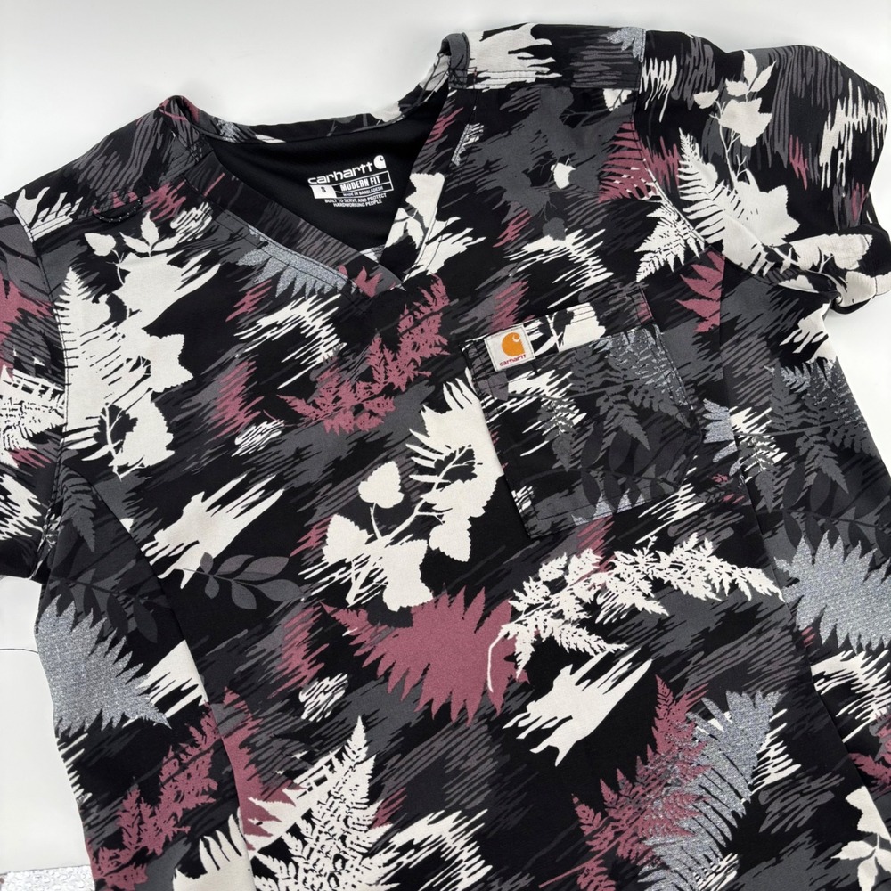 Carhartt Scrub Top Women Small Black Pink Fern Print V-Neck Modern Fit C13014